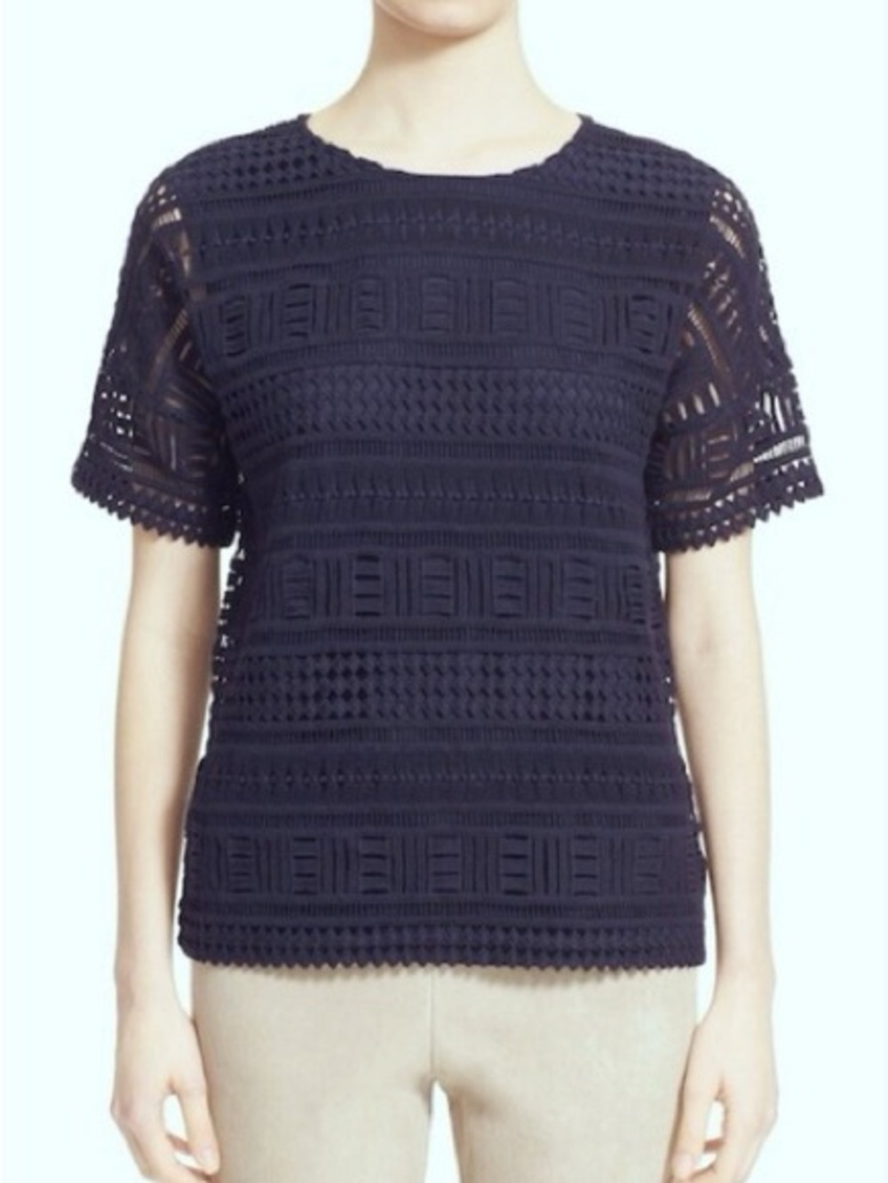 VINCE Short Sleeve Cotton Geometric Crochet Lace Top XS Navy Blue